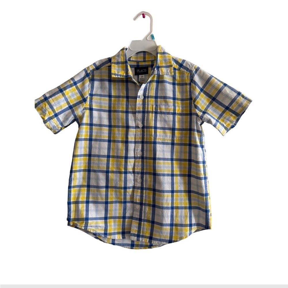 The Children’s Place Boys Button-Up Shirt Siz 7/8 Yellow Blue Plaid Short Sleeve